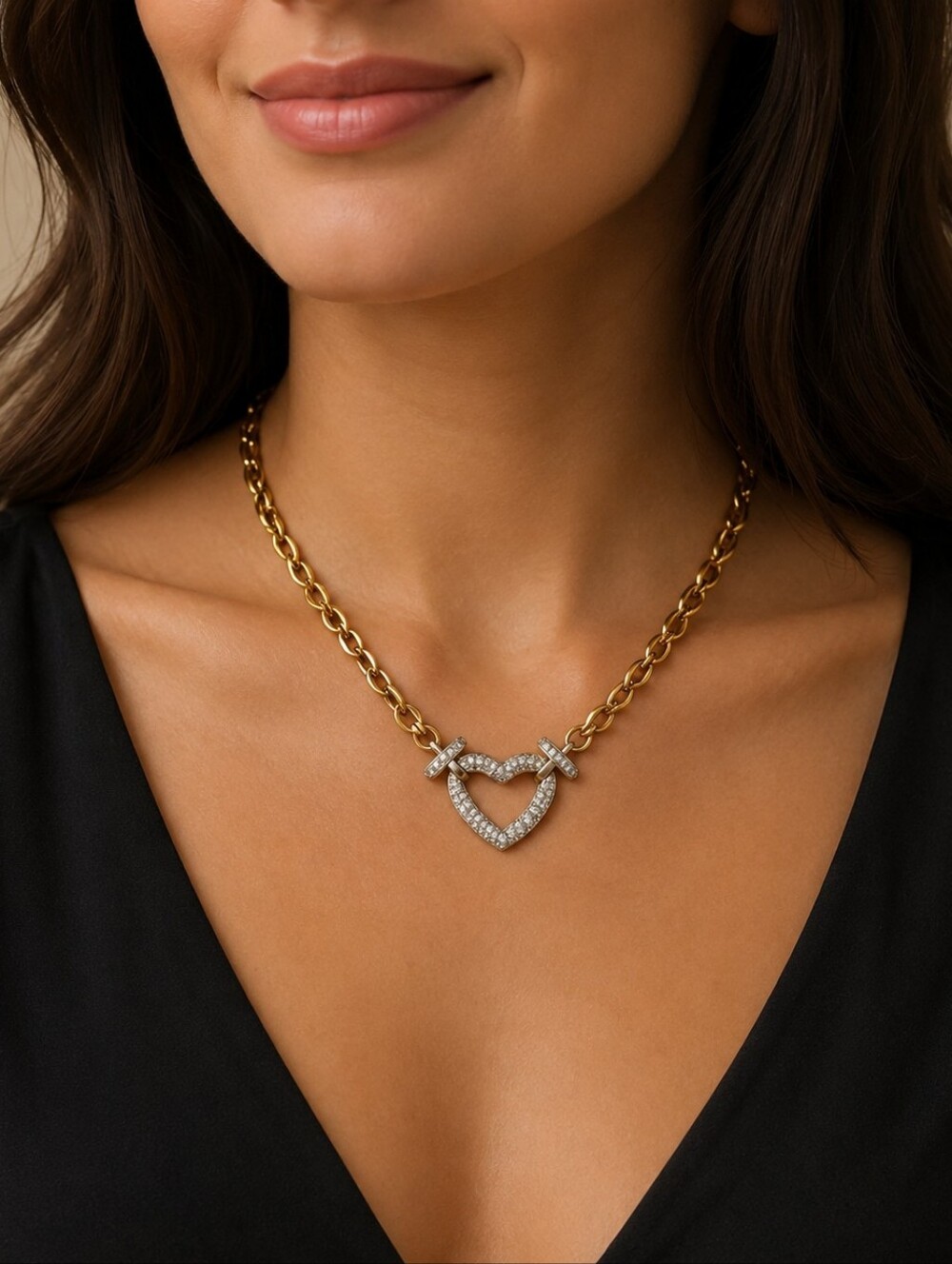 Two-Tone Gold Chain Necklace with Pave Heart Toggle